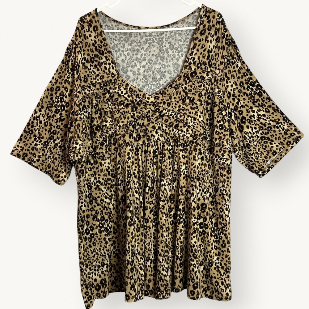 Jessica London Leopard Animal Print Tunic Top Brown V-Neck Boho 26/28 Plus Size
